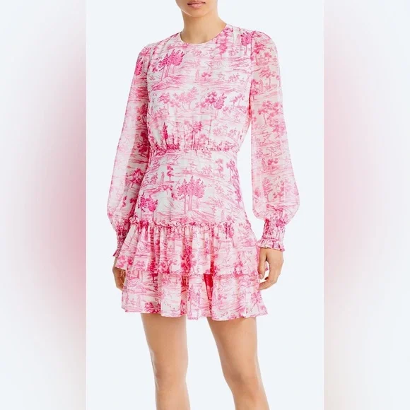 NEW!! Bloomingdale’s exclusive 💕💗 AQUA Toile Printed Ruffled Mini Dress, Sz Med. - Picture 1 of 8